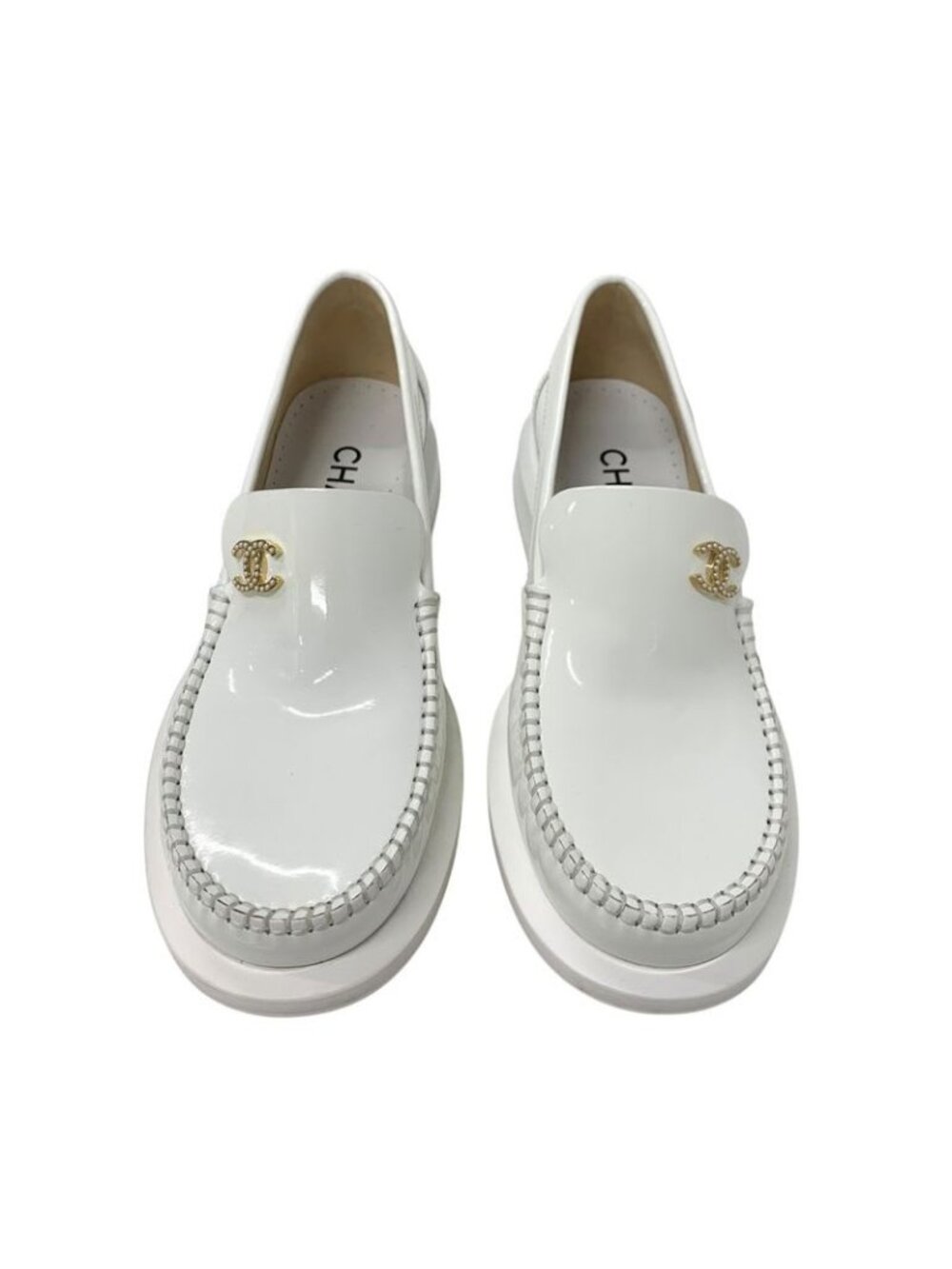 Chanel Loafers Leather Shoes Patent White Gold Coco Mark Pearl - Picture 2 of 10